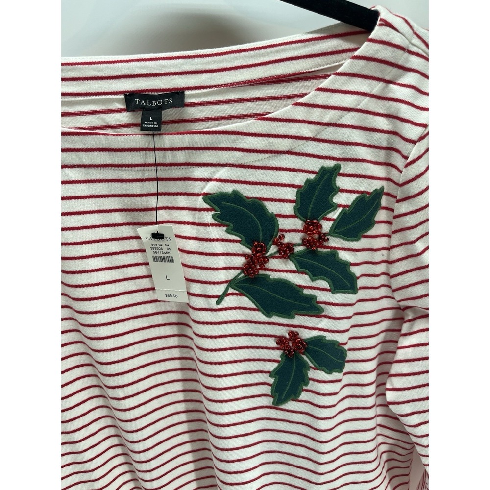 NWT Talbots EMBROIDERED BATEAU NECK TEE - HOLLY BERRY Red & White STRIPE L Xmas - Picture 2 of 6